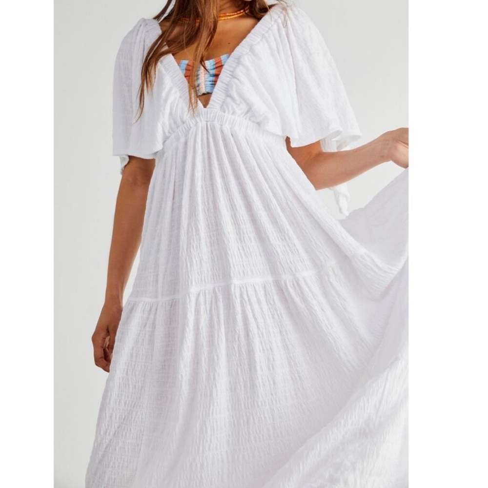 Free People Beach Lala White Maxi Dress V Neck Flutter Sleeves Size S